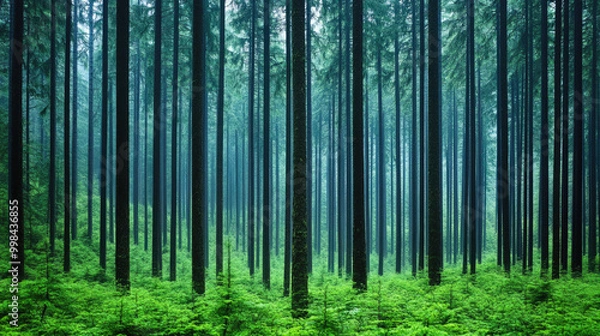 Fototapeta Dense forest with tall trees and lush greenery, showcasing nature's tranquility.