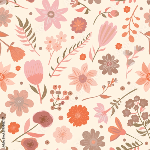 Fototapeta Autumn-Inspired Seamless Floral Vector Pattern – Warm Tones Botanical Design