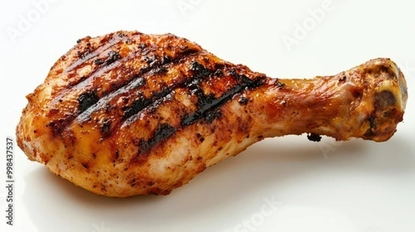 Obraz mouthwatering grilled chicken leg on pristine white background crispy skin glistening perfect grill marks visible wisp of steam rising