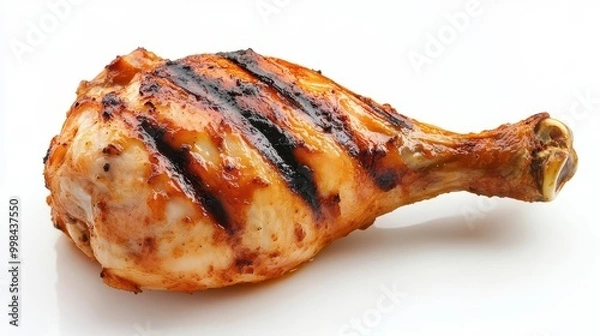 Obraz mouthwatering grilled chicken leg on pristine white background crispy skin glistening perfect grill marks visible wisp of steam rising