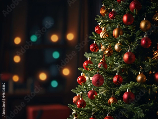 Obraz A Christmas tree adorned with red baubles and glowing lights.