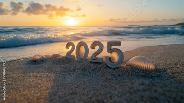 Fototapeta Peaceful seaside sunset with 2025 written in sand and seashells