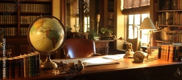 Fototapeta A Study in Gold: Globe, Books, and Lamp on a Wooden Desk