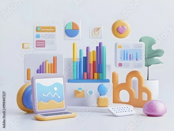 Fototapeta Creative Social Media Campaign with Laptops Colorful Icons Analytics Graphs and Infographics on a Minimalist White Background