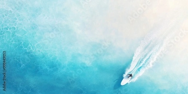 Obraz top view of a surfer riding on blue ocean with white wave