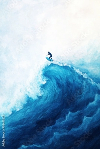 Obraz top view of a surfer riding on blue ocean with white wave