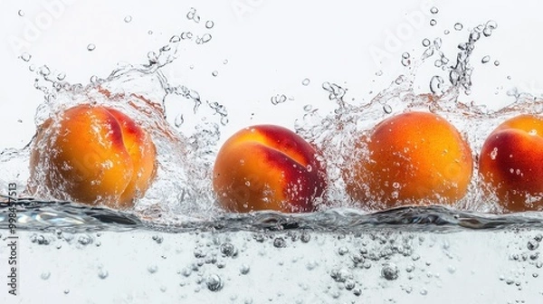 Fototapeta Several ripe orange peaches splashing into water, droplets scattering across a bright white background.