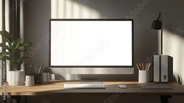 Obraz Modern home office workspace with a desktop computer, green plant, and desk lamp. Minimalist design and natural light create a calming setup.