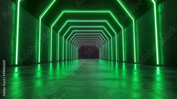 Obraz A neon-lit tunnel with vertical and horizontal green grid lines, creating a sense of depth and perspective in a cyber environment.