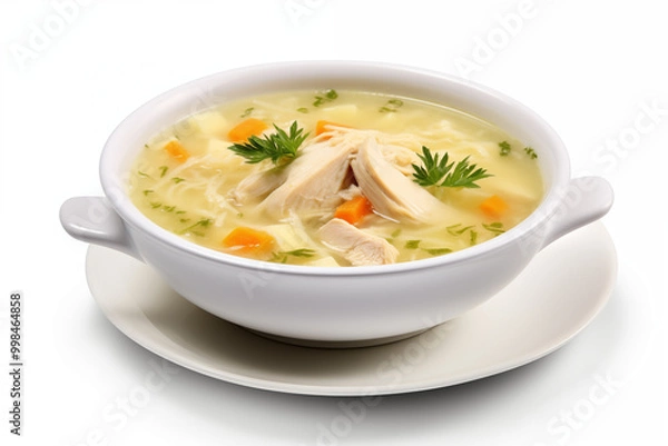 Fototapeta A steaming bowl of chicken corn soup with shredded chicken, sweet corn kernels, and chopped spring onions floating on surface. The broth is thick and creamy, with visible herbs, on white background