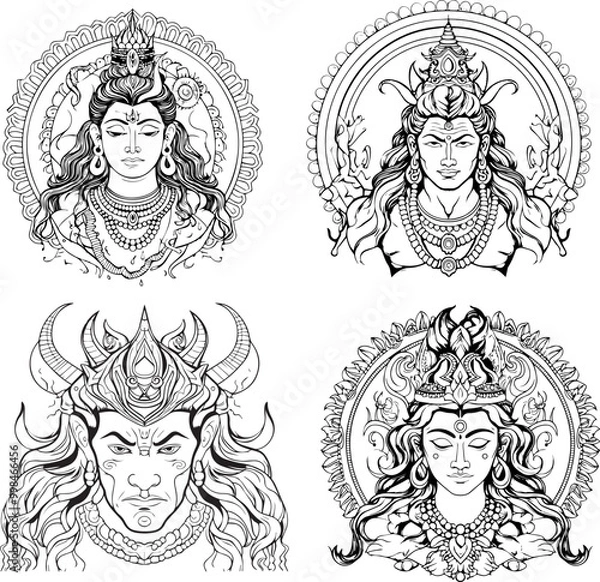 Obraz Hindu God Shiva Vector Black And White Coloring Page