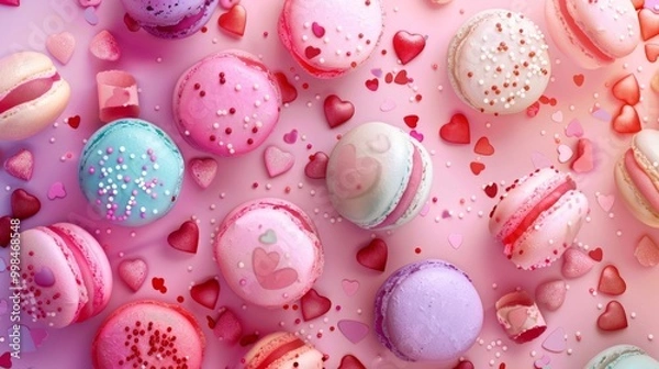 Fototapeta Close up of colorful love macaron background, top view. Photorealistic high resolution macro photography for advertising or food design