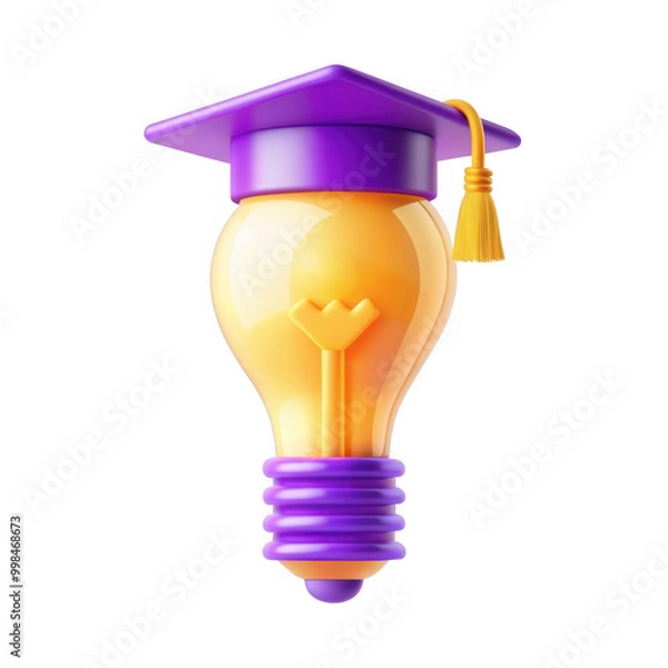 Fototapeta A vibrant and playful illustration of a light bulb wearing a graduation cap, symbolizing knowledge and academic achievement.