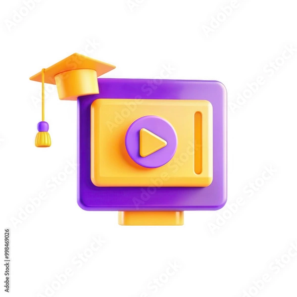 Fototapeta This colorful icon features a video play button and a graduation cap, representing online learning and education.