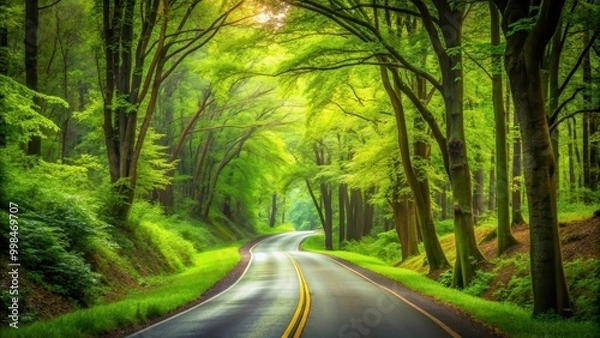 Fototapeta A peaceful road winding through a lush green forest setting, nature, trees, foliage, pathway, scenic, peaceful, tranquil