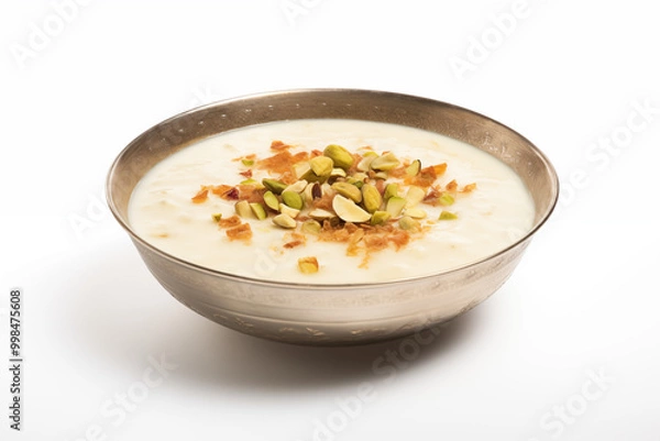 Fototapeta pakistani style creamy kheer  with nuts and pistachos on white background