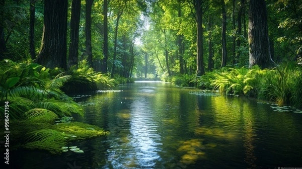 Obraz Serene Forest with Calm Water Reflection