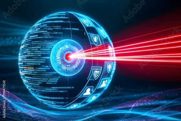 Fototapeta Secure Globe: A 3D holographic globe,cyber attack defense