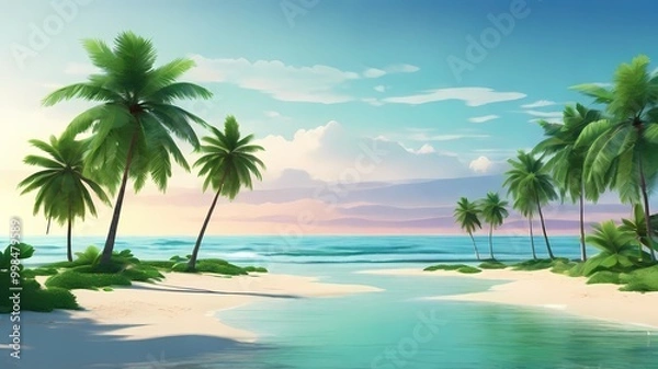 Fototapeta tropical beach background in a minimalist and modern style, featuring coconut trees, white sand and calm waves, using a blue and green color palette with sunset light
