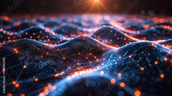 Fototapeta Cyber big data flow. Blockchain data fields. Network line connect stream. Concept of AI technology