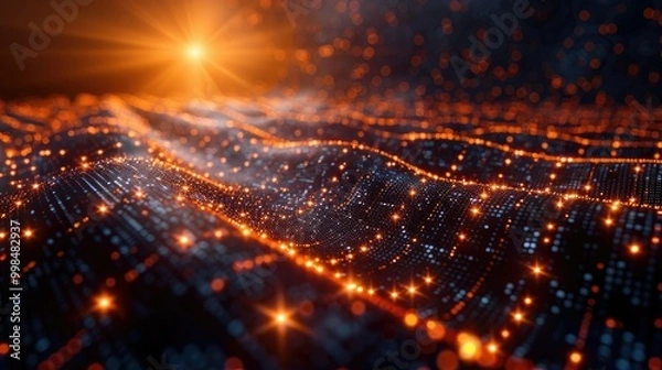 Fototapeta Cyber big data flow. Blockchain data fields. Network line connect stream. Concept of AI technology