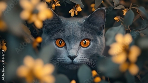 Fototapeta photorealistic portrait of grey cat peaking through leaves, close up, orange eyes, flowers in background