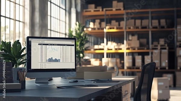 Fototapeta Office setup with computer showing warehouse stock management system