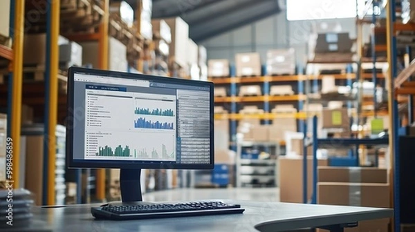 Fototapeta Office desk with computer showing warehouse inventory software