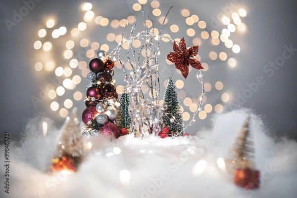 Fototapeta Christmas deoration concept on holidays with a glass derr, white fake snow for a festive december. In the background are bokeh balls made of lights