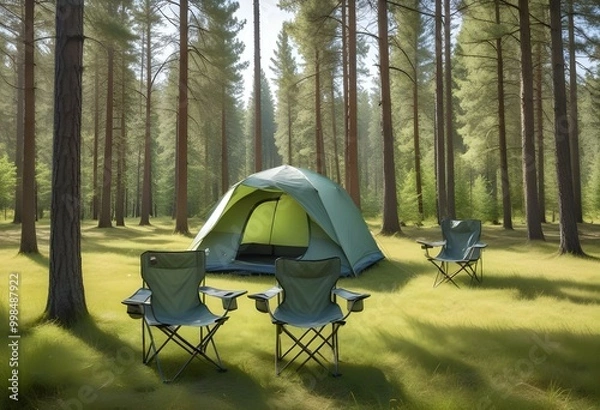 Fototapeta A camping tent set up in a grassy field surrounded by pine trees, with two folding camping chairs in the foreground