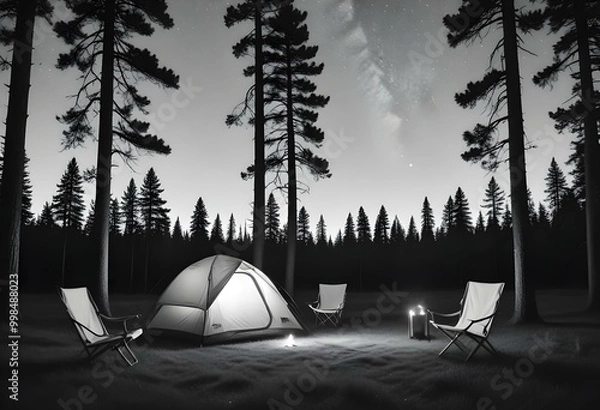 Obraz A camping tent set up in a grassy field surrounded by pine trees, with two folding camping chairs in the foreground