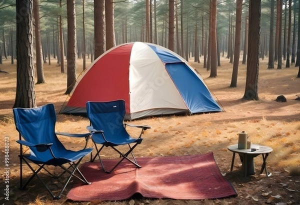 Obraz A camping tent set up in a grassy field surrounded by pine trees, with two folding camping chairs in the foreground