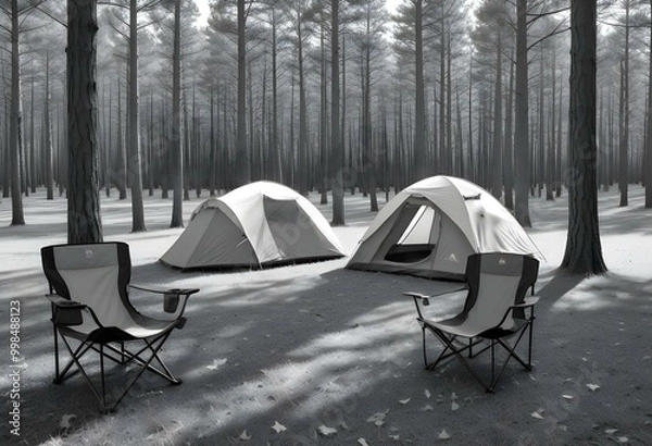 Obraz A camping tent set up in a grassy field surrounded by pine trees, with two folding camping chairs in the foreground