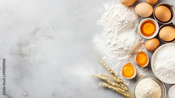 Fototapeta Printed on a bright gray background with space for text, it shows bakers and chefs mixing bread, pastry, milk, eggs, and coconut butter.