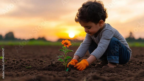 Fototapeta A young child planting a single flower in a barren field, eventually transforming it into a colorful garden over time. 