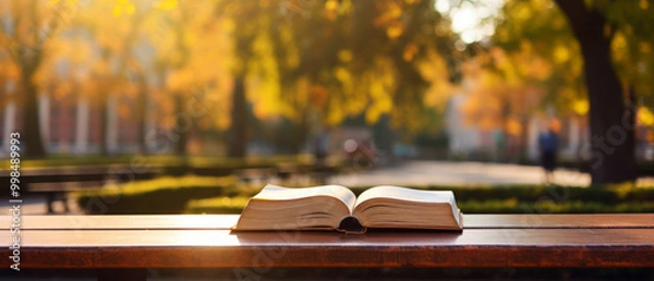 Fototapeta Open Book on Wooden Table in Autumn Park. Knowledge and Relaxation Concept. Ideal for Education, Reading Campaigns