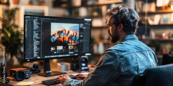 Fototapeta Graphic designer immersed in banner creation at sleek desk, vibrant workspace filled with creative tools, soft background focus enhances creativity