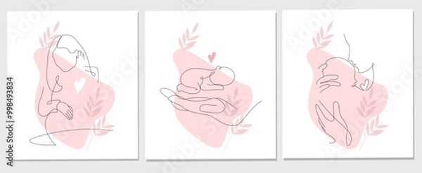 Fototapeta Vector one line art set of illustrations of a new born baby and mother holding a new born baby.
