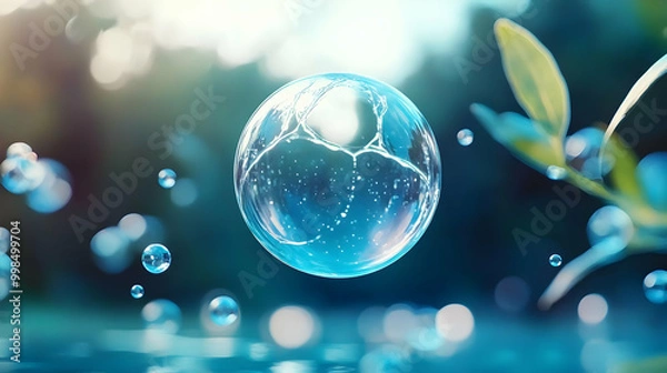 Fototapeta Clear Water Bubble Floating in Air with Blurred Background
