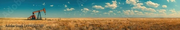Fototapeta Oil pumpjack operating in a vast Texas plain during a beautiful golden sunset. Free copy space for banner.