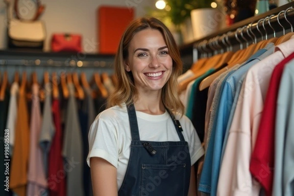 Fototapeta Smiling young salesgirl in uniform in a store with clothes on hangers in the background. Generative AI