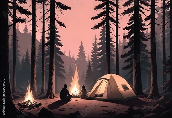 Fototapeta A black and white illustration depicting a camping scene with a tent surrounded by pine trees in the foreground