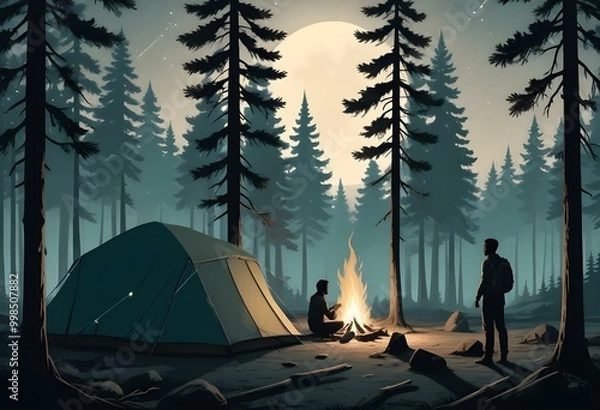 Fototapeta A black and white illustration depicting a camping scene with a tent surrounded by pine trees in the foreground
