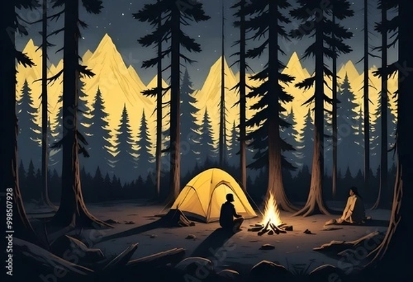 Obraz A black and white illustration depicting a camping scene with a tent surrounded by pine trees in the foreground