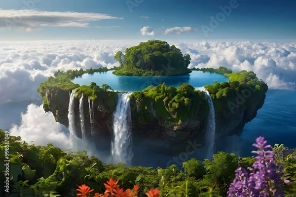 Fototapeta A large floating island suspended in the clouds, featuring lush greenery, a waterfall cascading into the sky, and magical creatures flying around. A faint rainbow adds to the enchanted atmosphere.