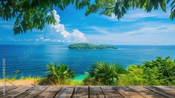 Fototapeta Wooden table on the background of the sea, island and the blue sky