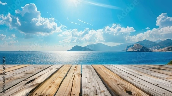 Fototapeta Wooden table on the background of the sea, island and the blue sky