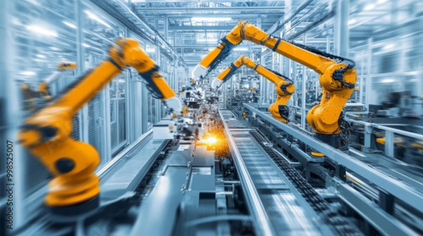 Fototapeta Robotic arms automating tasks in a high-tech manufacturing facility