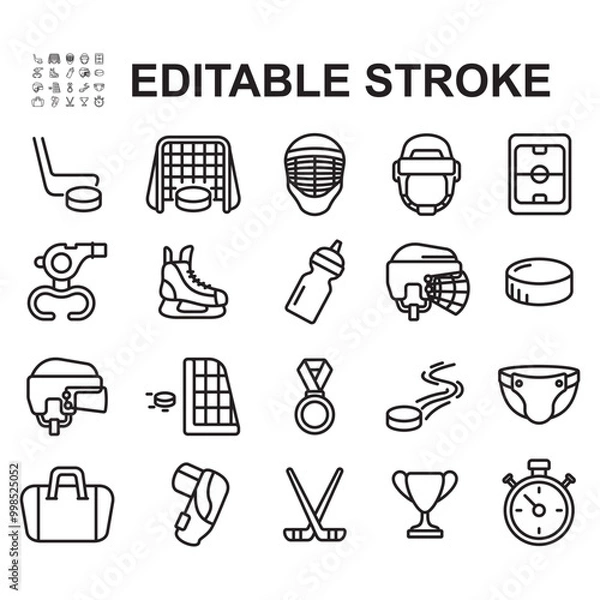 Fototapeta Collection of hockey icons. Contains icons such as hockey stick, helmet, knee guard. Thin line vector.