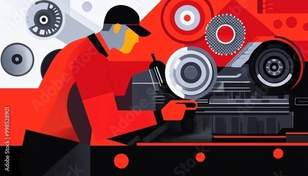 Fototapeta A vibrant, modern vector of a mechanic leaning over a car engine, with glowing metallic parts and simple color blocks for the tools.